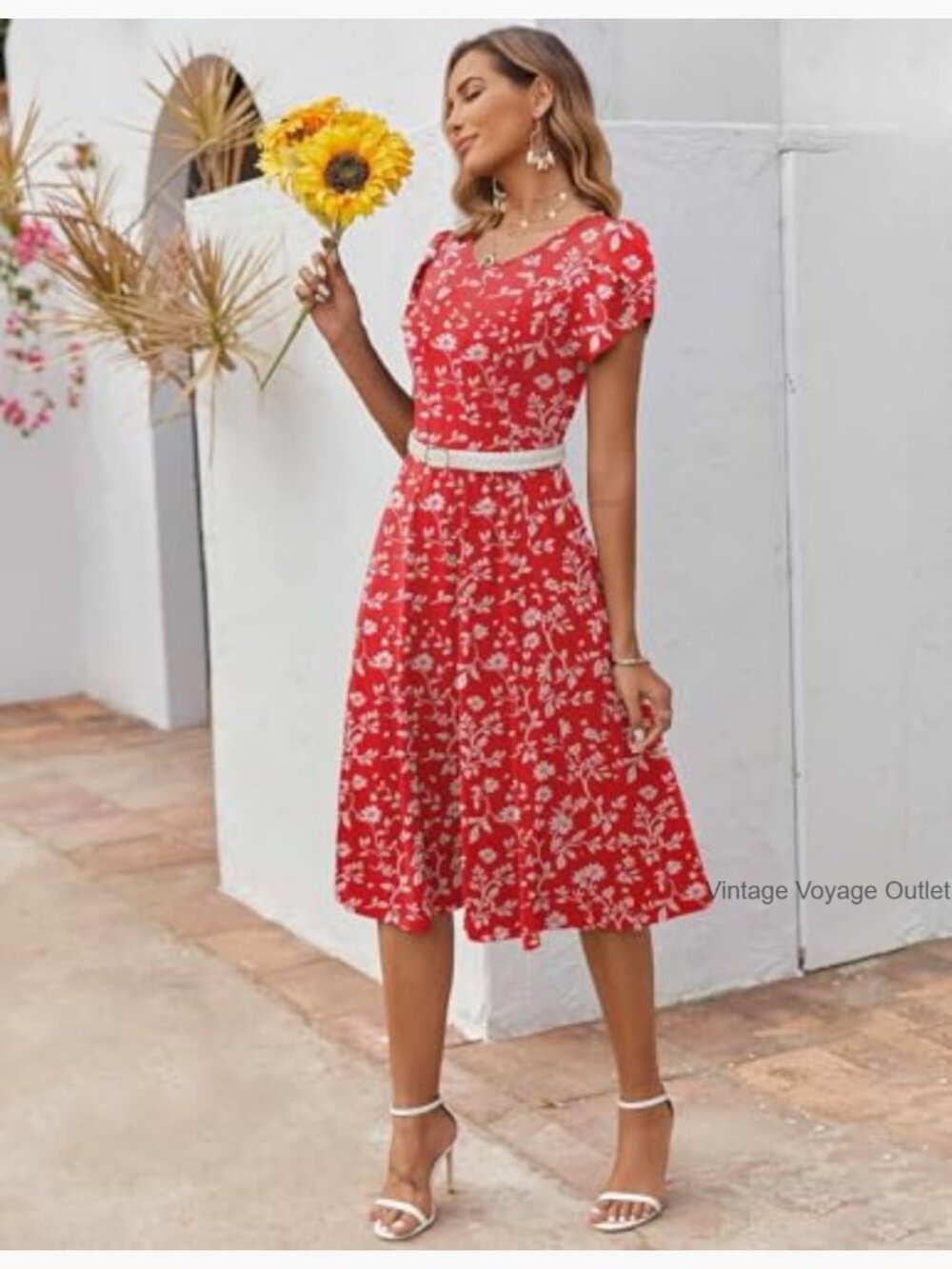 Short Sleeve Flare Midi Dress Loose Flowy Beach Sundress - Picture 5 of 7